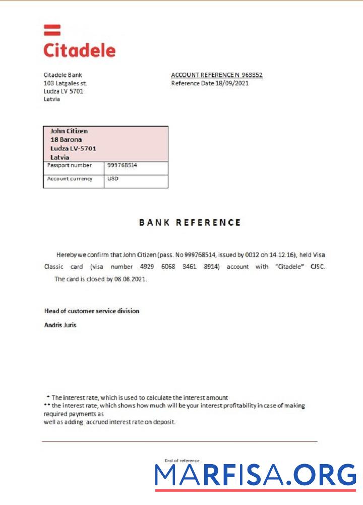 Blank Latvia Citadele bank closure reference sample